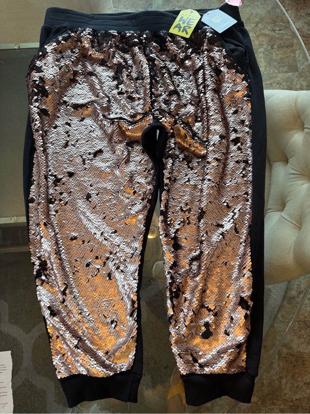 Zumba Fitness  Cropped Sequin Joggers in Rose Gold  Sequins